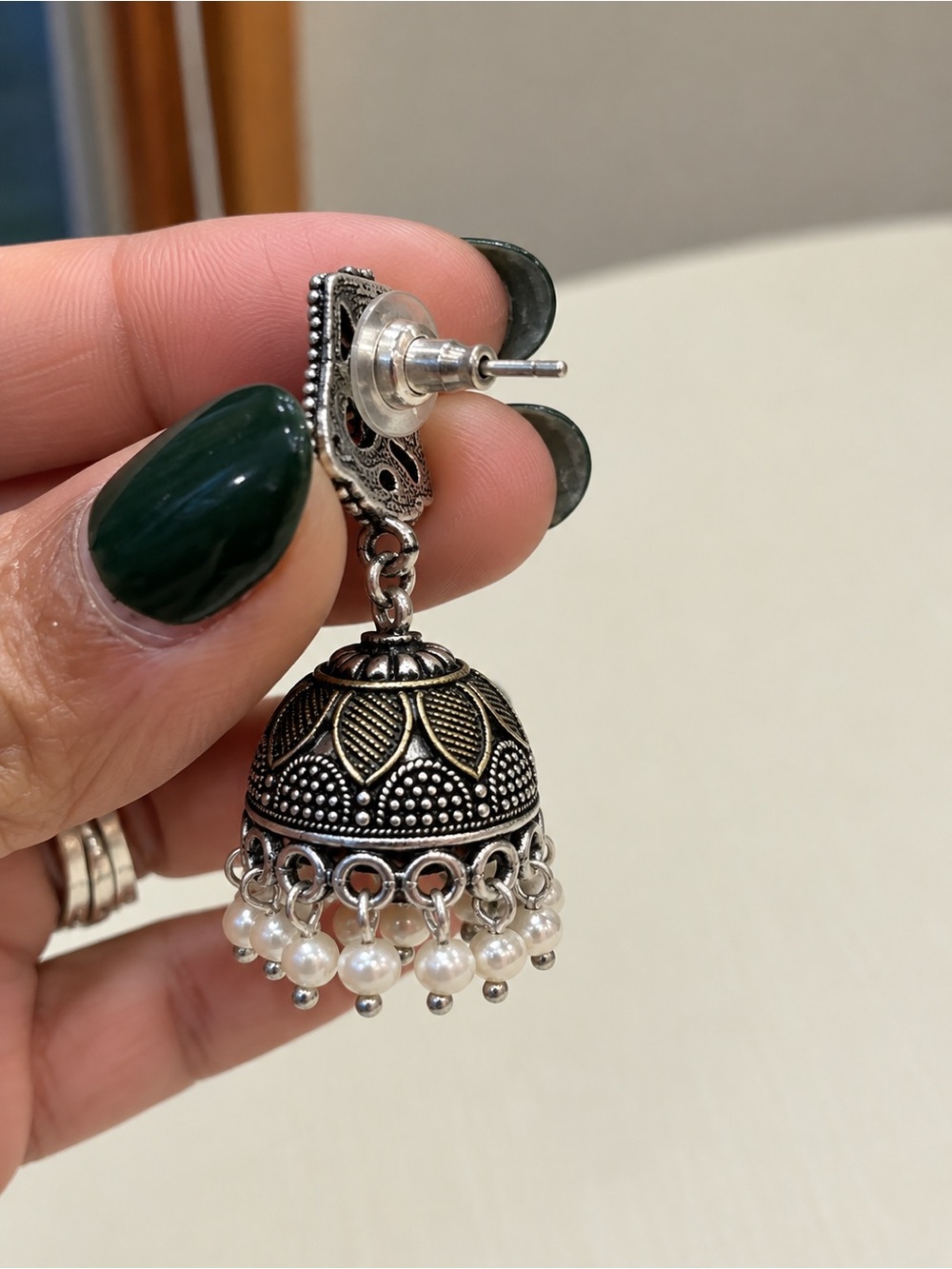 Vintage Style Indian Jhumka Necklace & Earrings Set Oxidized Silver Gold Tone Pi - Picture 10 of 10